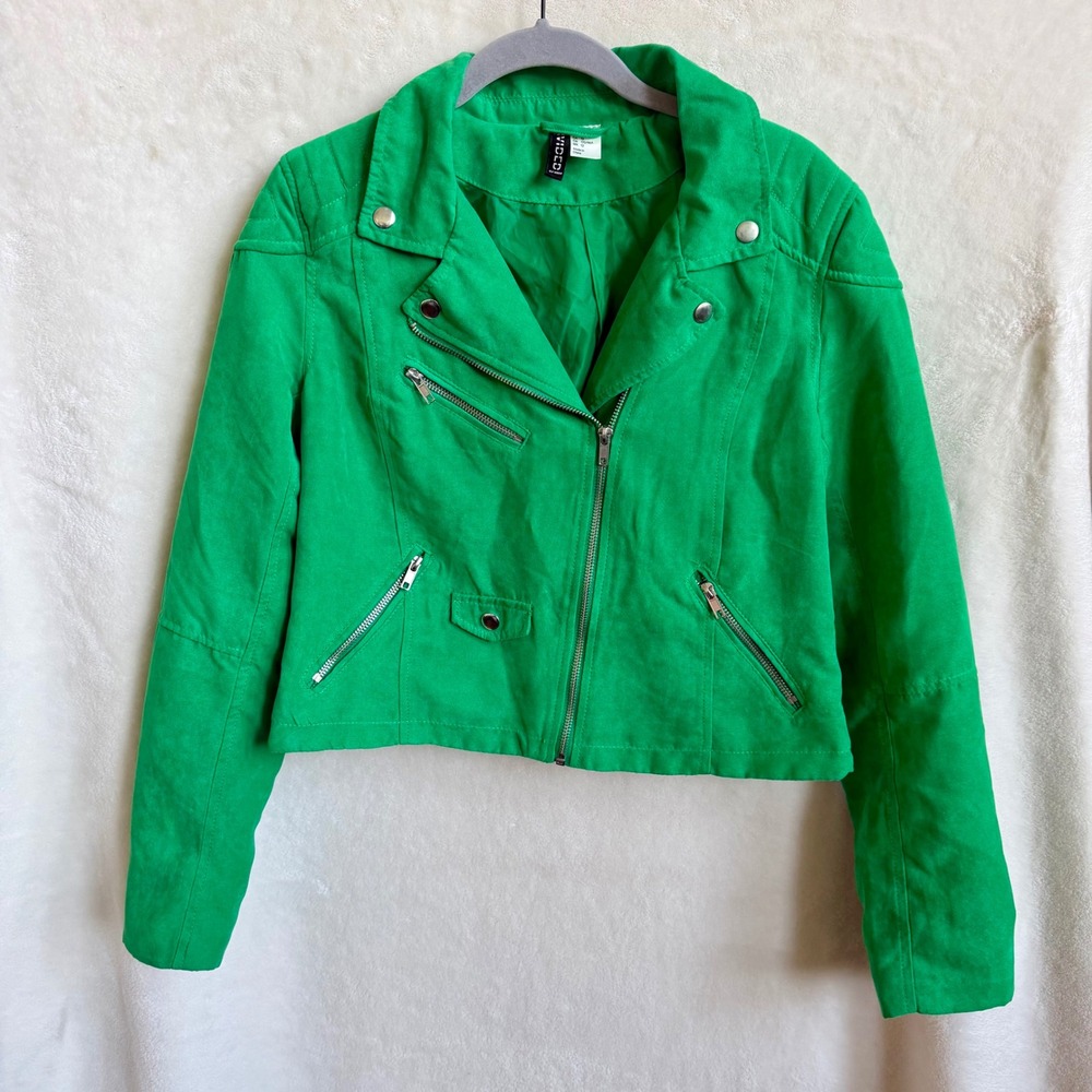 Divided by H&M Womens Kelly Green Faux Suede Zip Front Cropped Moto Jacket 12